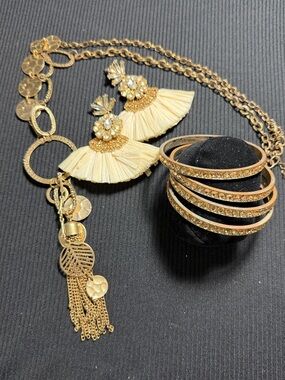 Gold-Tone Statement Necklace with Cream Tassel Accents - Women Jewelry